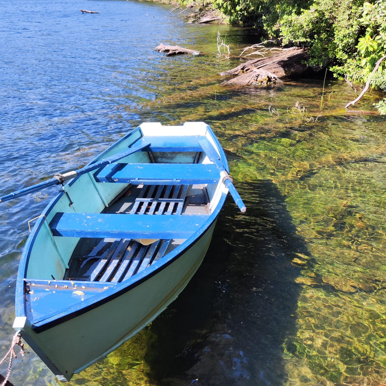 Bote azul amarrado en la orilla del lago Tinquilco con agua cristalina verde esmeralda