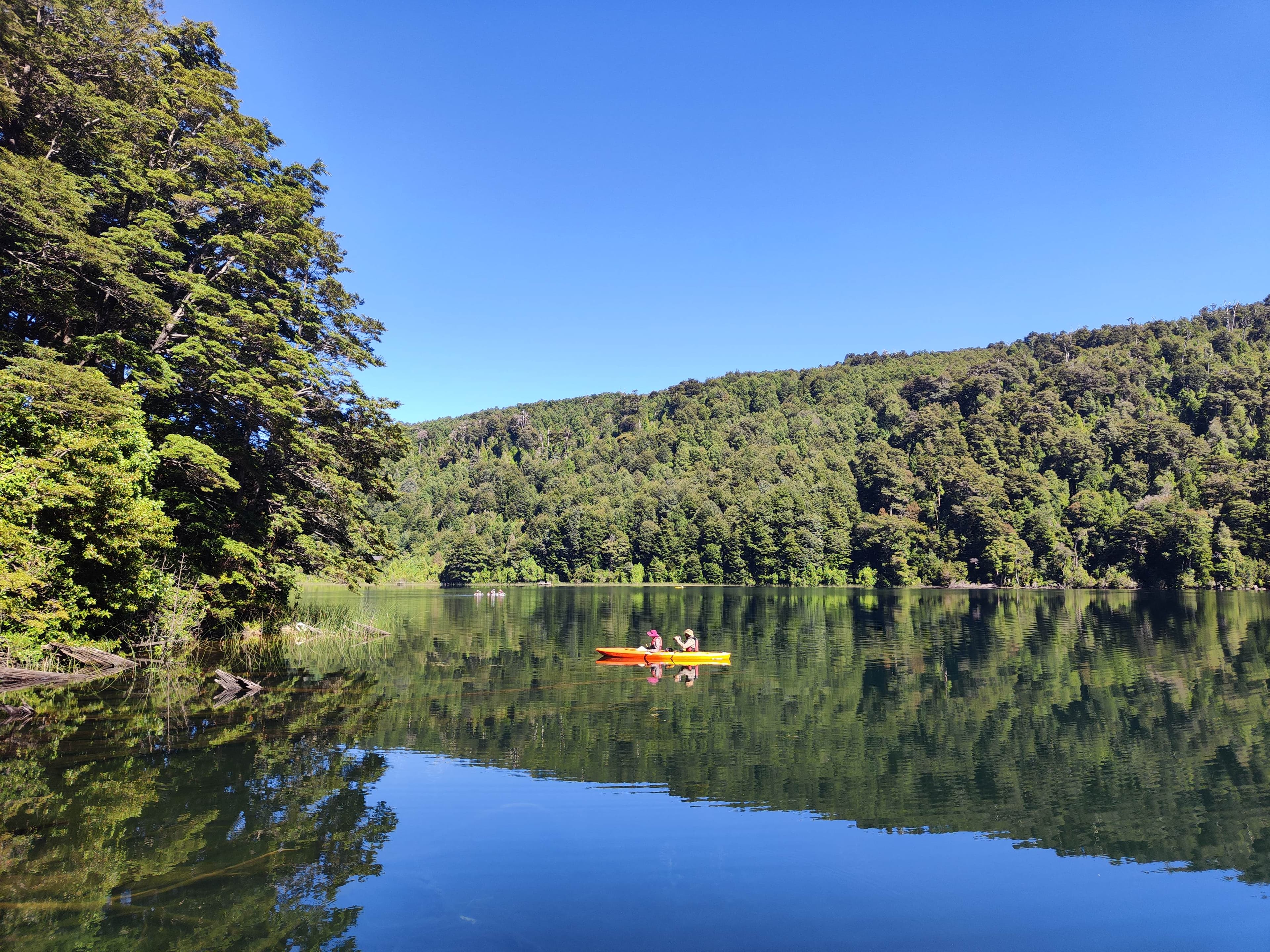 Kayak en el Lago Tinquilco con reflejo del bosque nativo en el agua quieta